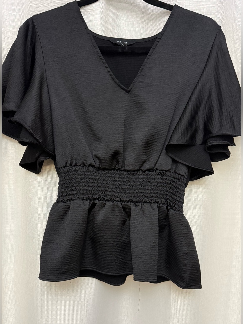 Black V-Neck Flutter Sleeve Smocked Waist Top